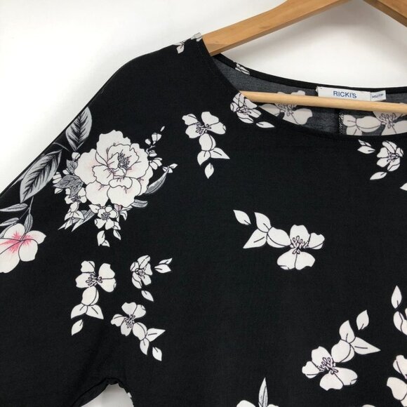Rickis Black floral Kimono style half sleeve side knot boatneck  blouse XS - Picture 14 of 16